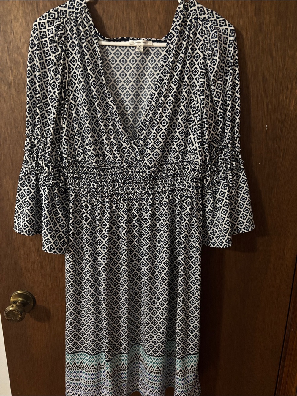 Sophie Max Navy and White Geometric V-Neck Dress
